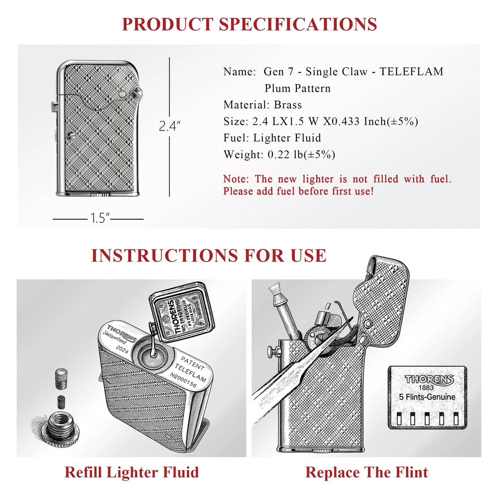 Product specifications and instructional diagrams for the Gen 7 Single Claw Teleflam lighter, detailing fuel refill and flint replacement.