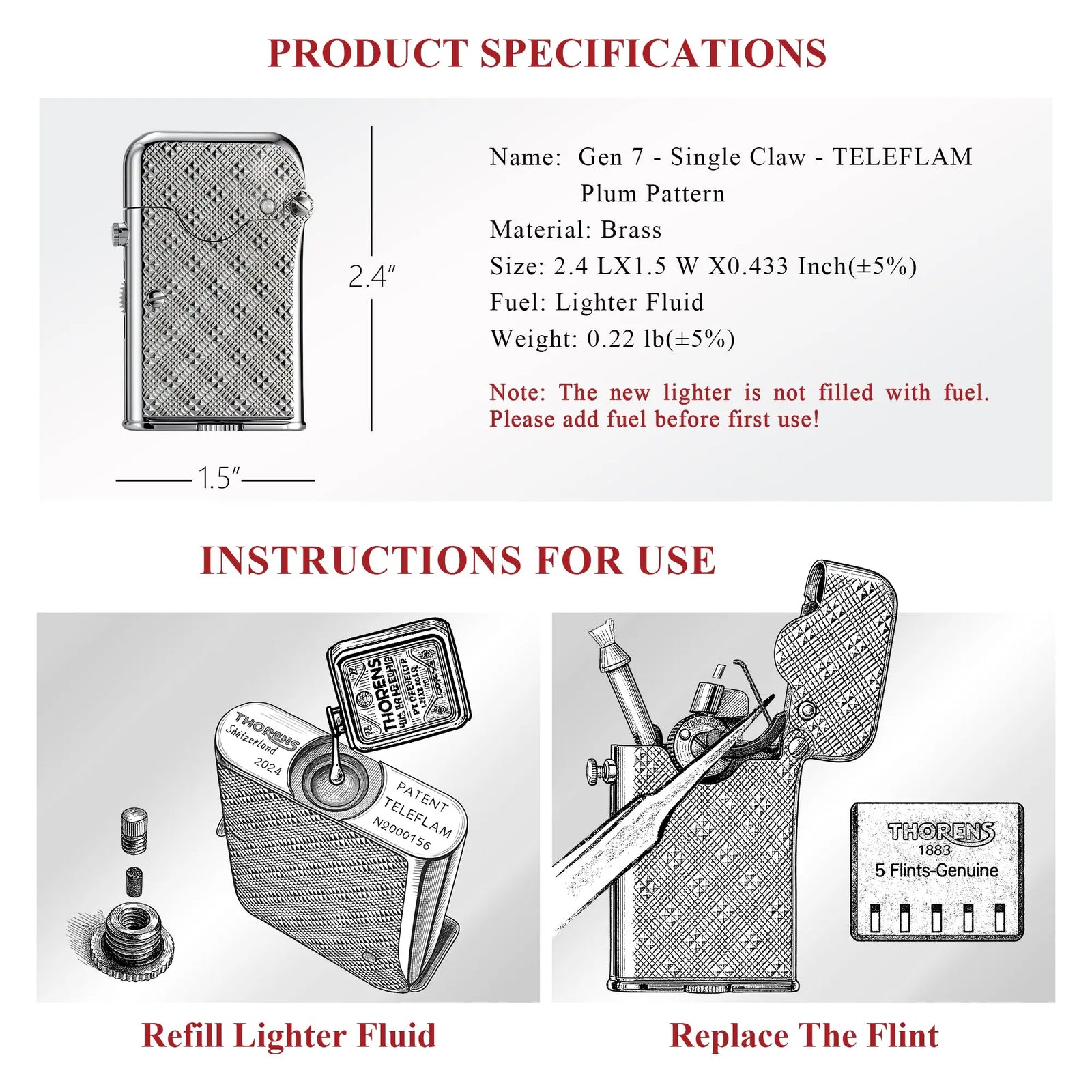 Product specifications and instructional diagrams for the Gen 7 Single Claw Teleflam lighter, detailing fuel refill and flint replacement.