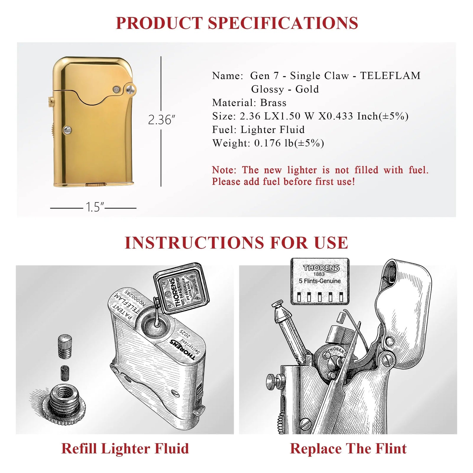 A technical specification sheet for the glossy brass Thorens Gen 7 TELEFLAM lighter, including dimensions and illustrated guides for refilling fluid and replacing the flint.