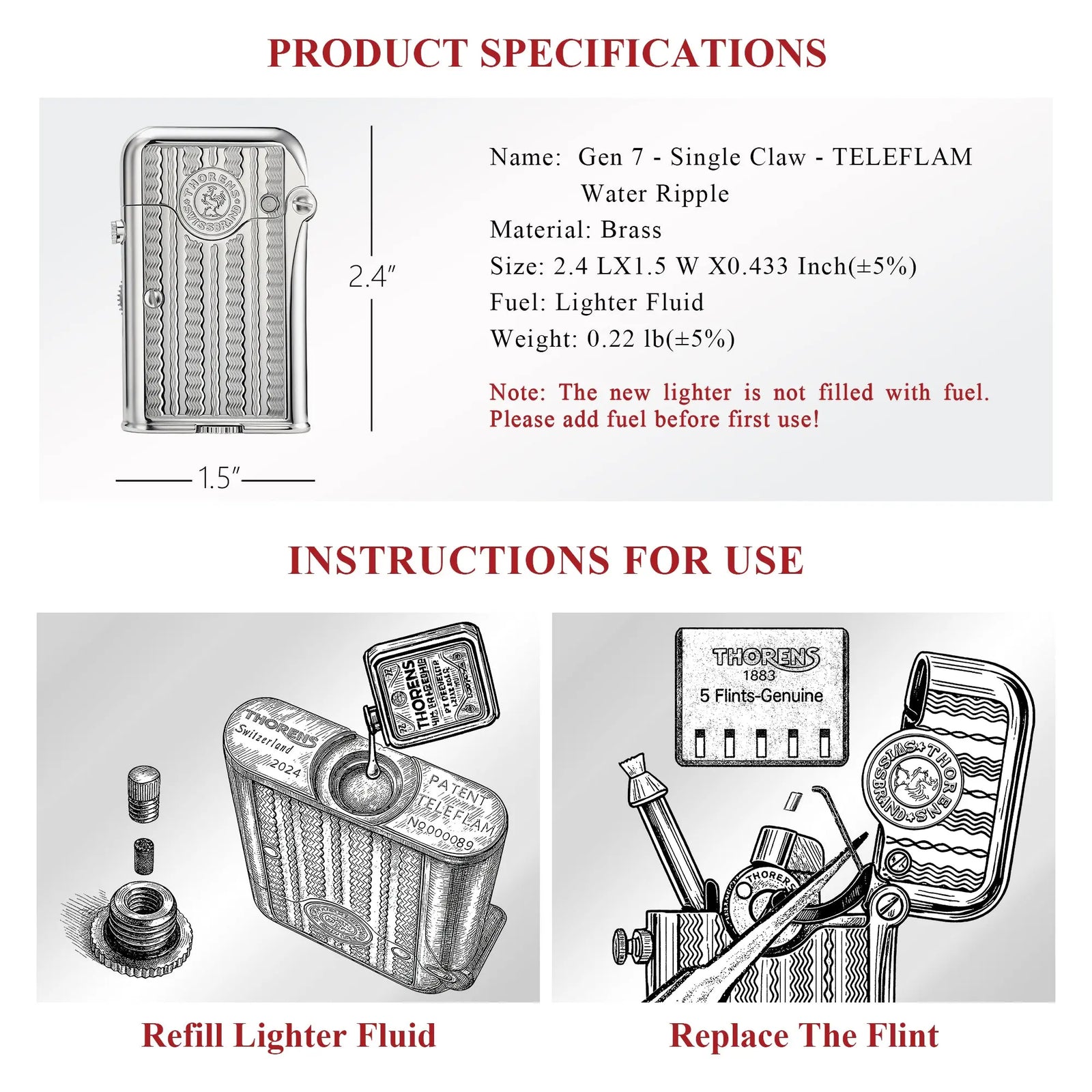 A technical datasheet for the silver Thorens Gen 7 TELEFLAM water ripple lighter, showing dimensions and instructional diagrams for refilling fluid and flint replacement.