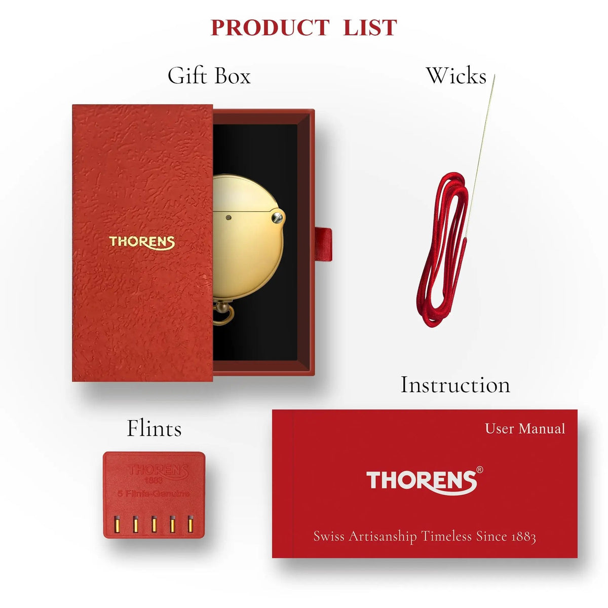 A complete Thorens Gen 8 Double Claw lighter set in glossy brass, featuring the signature red gift box, replacement wicks, flints, and official user manual.