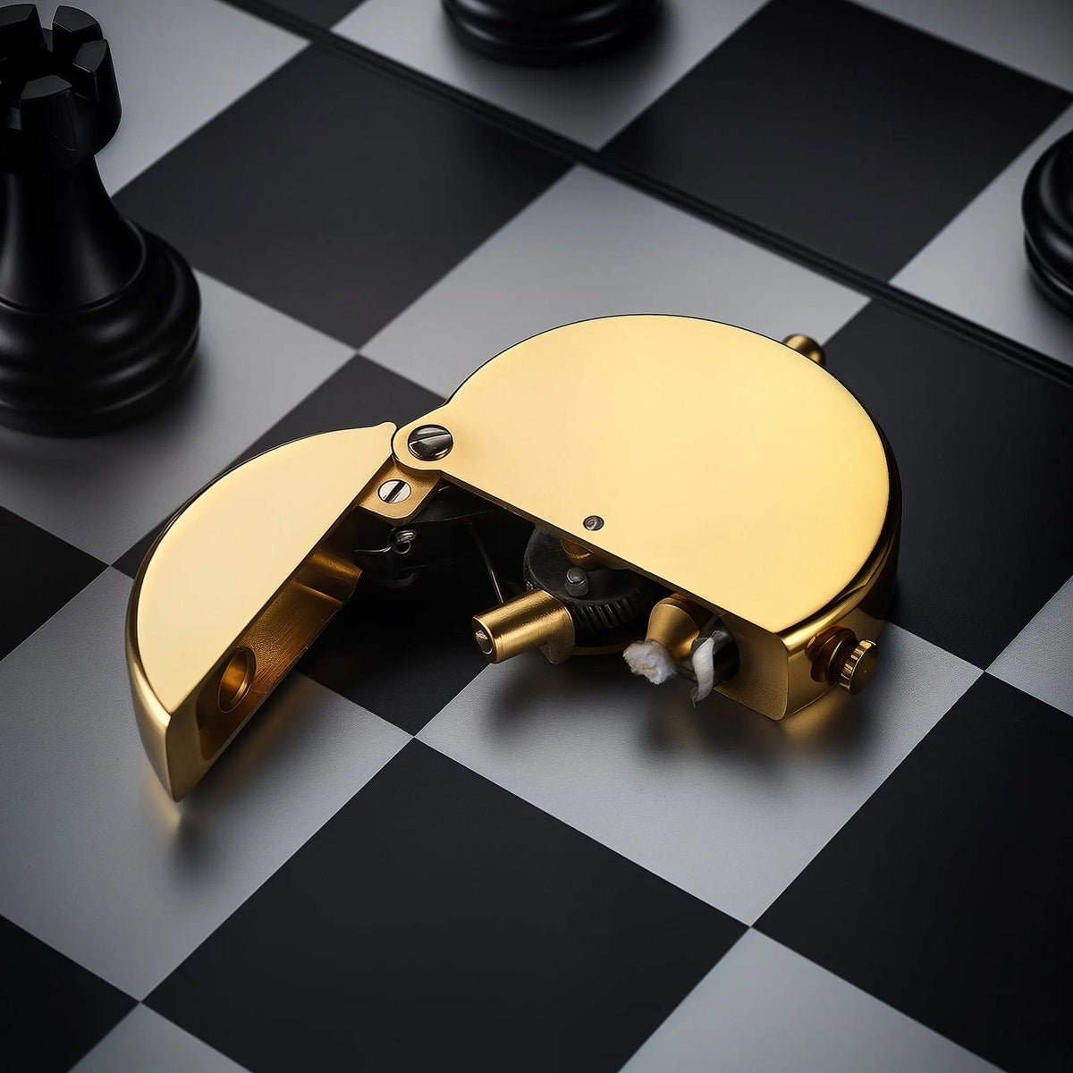An open Thorens Gen 8 Double Claw lighter in glossy brass on a chessboard, revealing the internal wick and precision mechanical dual-claw ignition structure.