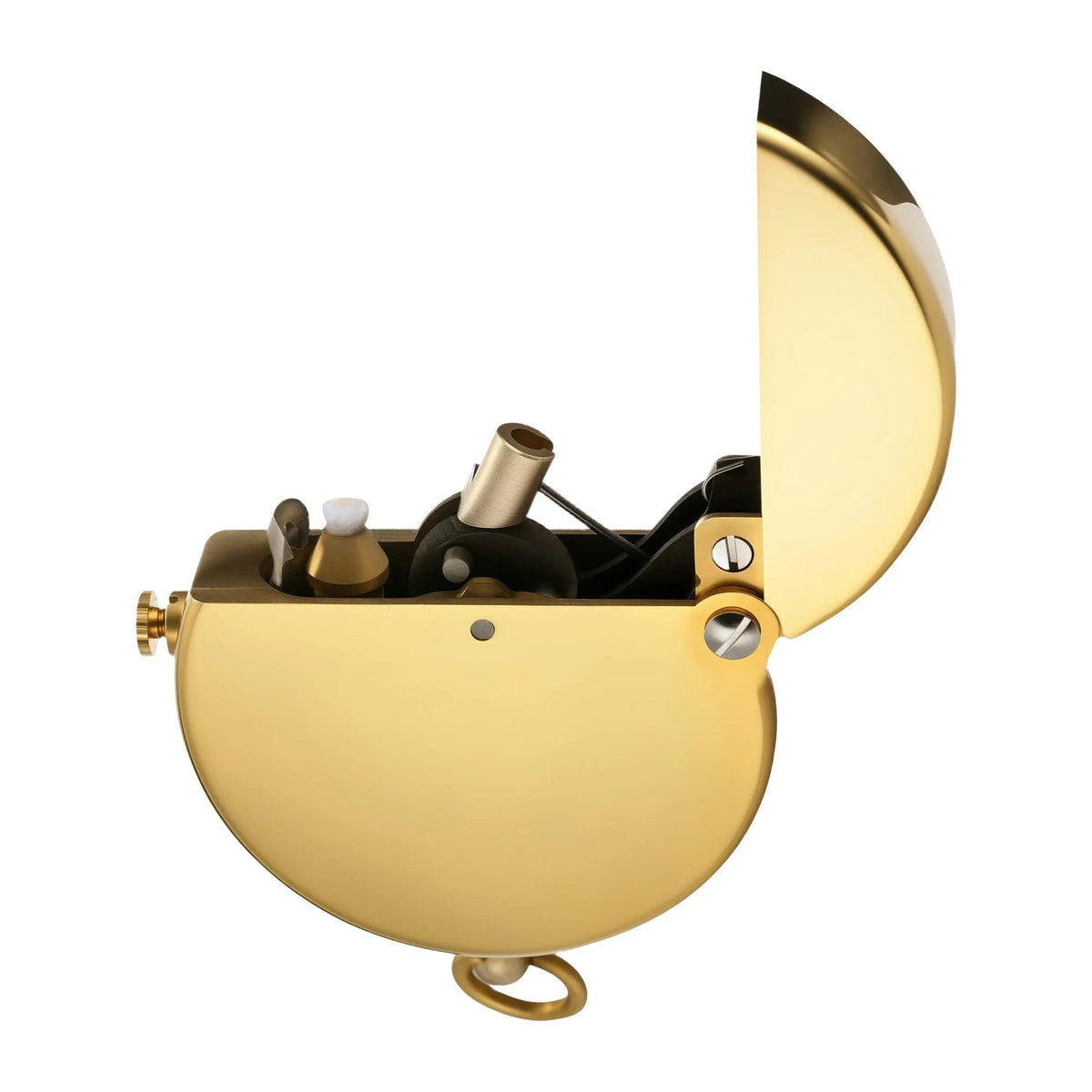 A side-view studio shot of the Thorens Gen 8 Double Claw lighter in glossy brass with the cap open, showcasing the internal mechanical structure and cotton wick.