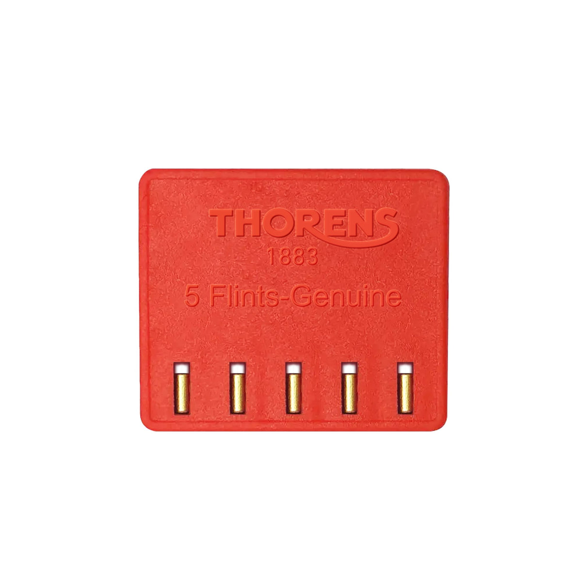 Thorens genuine lighter flint pack showing five replacement flints in a red branded case on a light background