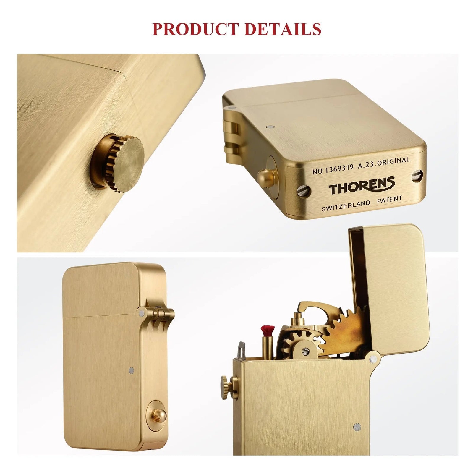 A multi-angle display of the Thorens glossy brass lighter, showcasing the heritage bottom engraving, side ignition button, and internal gear mechanism.