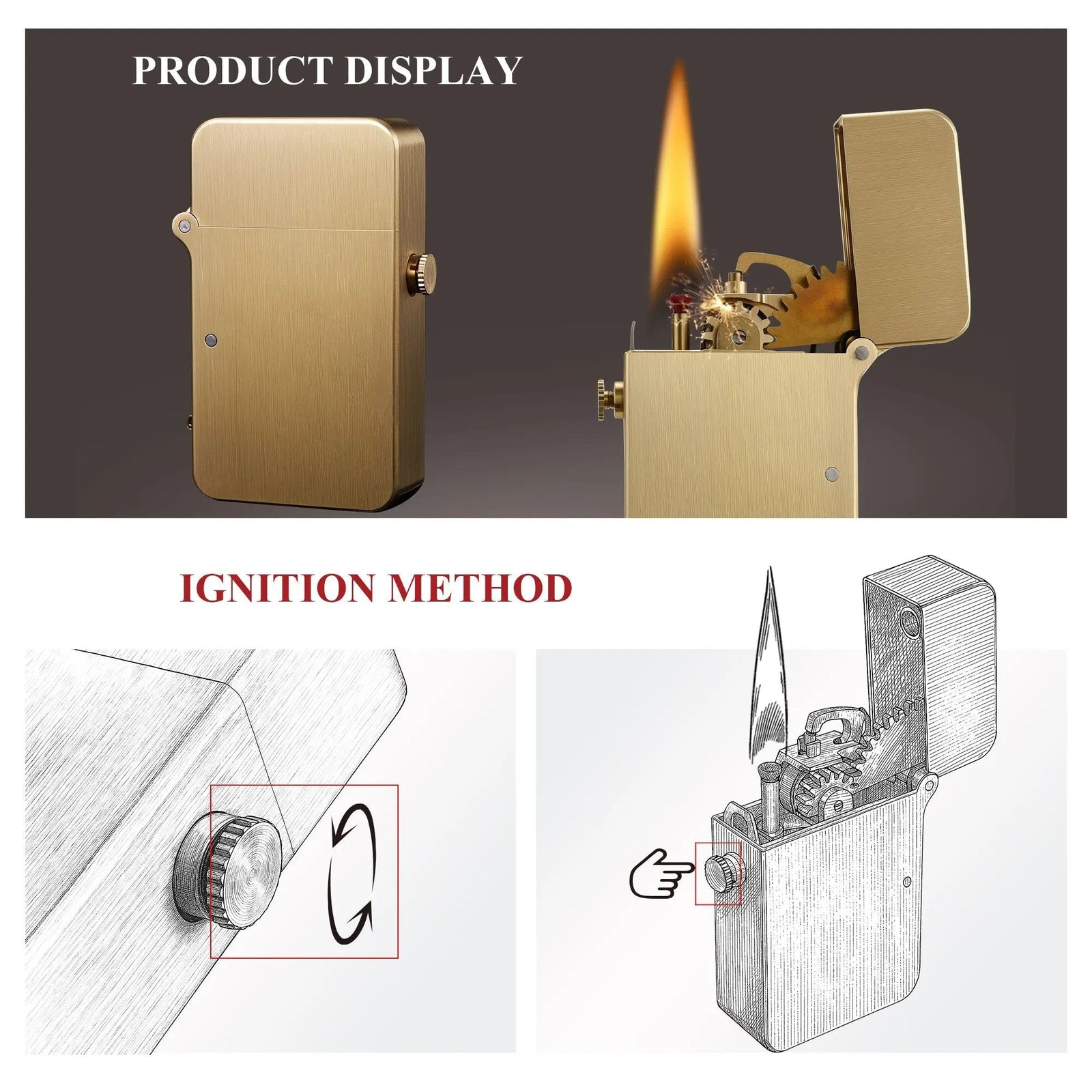 A technical display of the Thorens glossy brass lighter showing the side-button ignition method and the internal gear mechanism generating a flame.
