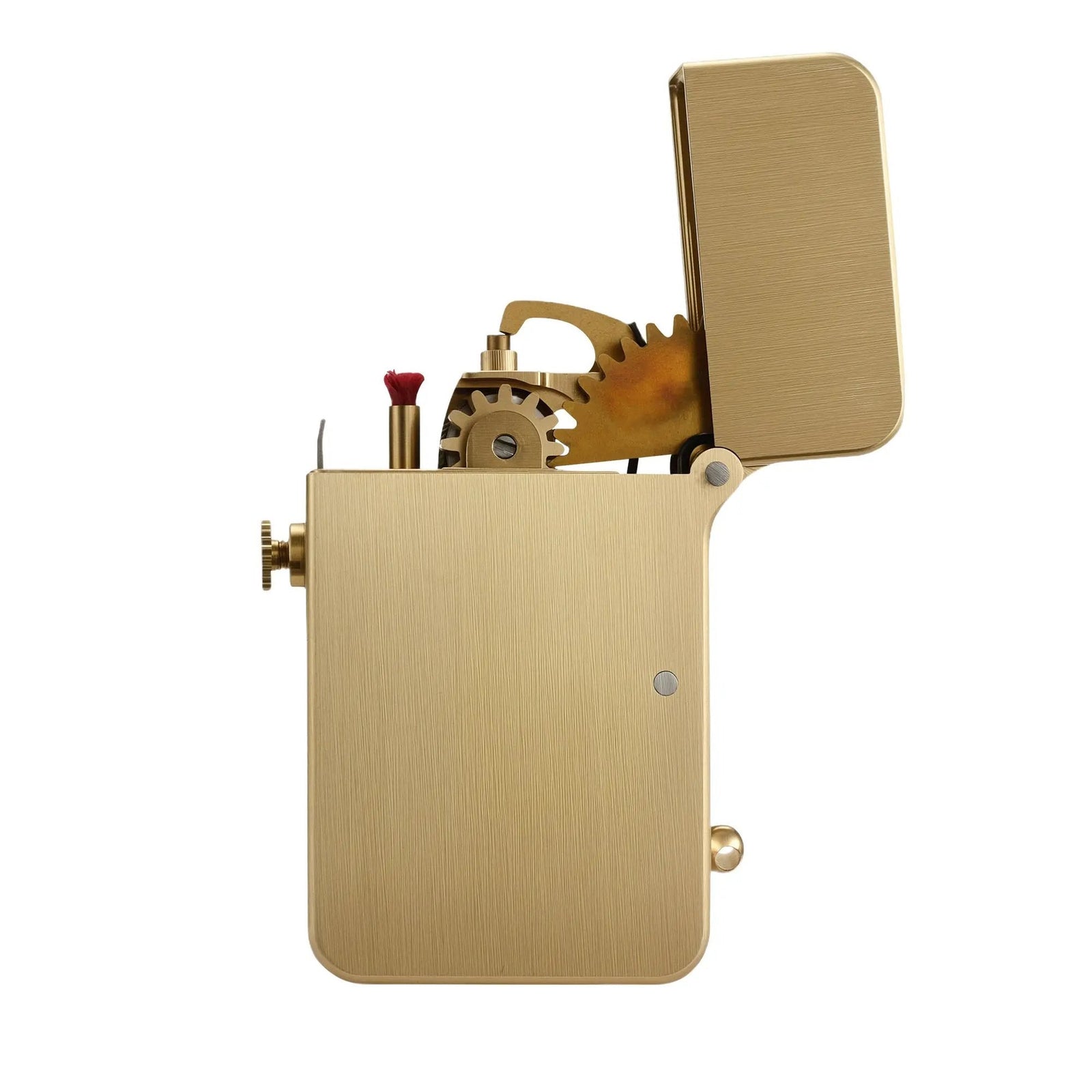 A side view of the Thorens semi-automatic ignition lighter in glossy brass with the lid open, showcasing the intricate mechanical gear system.
