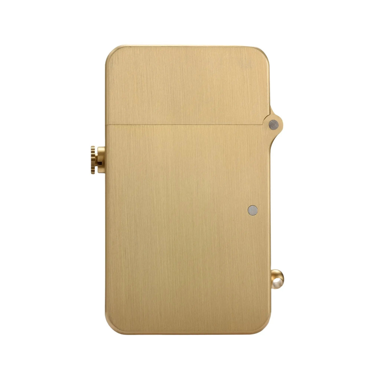 A side view of the Thorens semi-automatic lighter, showcasing its brushed glossy brass finish and precision mechanical side button and hinge.