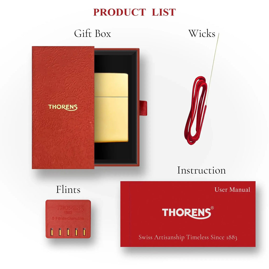A complete product list for the high-polish gold Armor lighter, featuring the lighter in a premium red gift box along with official maintenance supplies including genuine flints, cotton wicks, and a user manual.