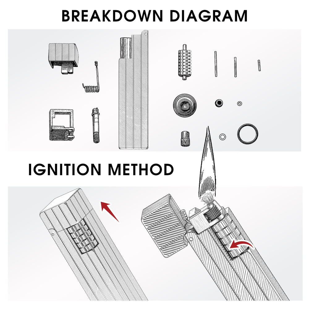 Technical diagram of Thorens Gold Diagonal Pattern Rectangular Lighter, showing separated parts and side-slide ignition with flame.
