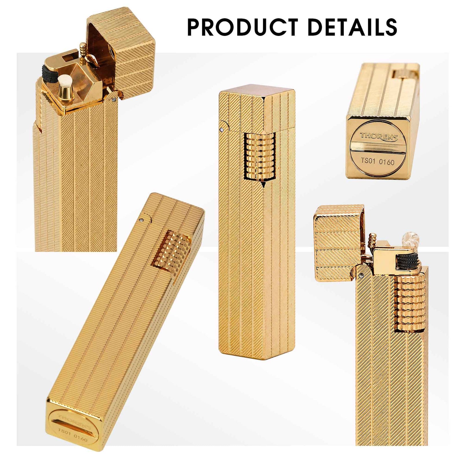 Thorens rectangular lighter with gold diagonal pattern shown in multiple detail views, highlighting the open lid, side ignition wheel, base engraving, and surface pattern.