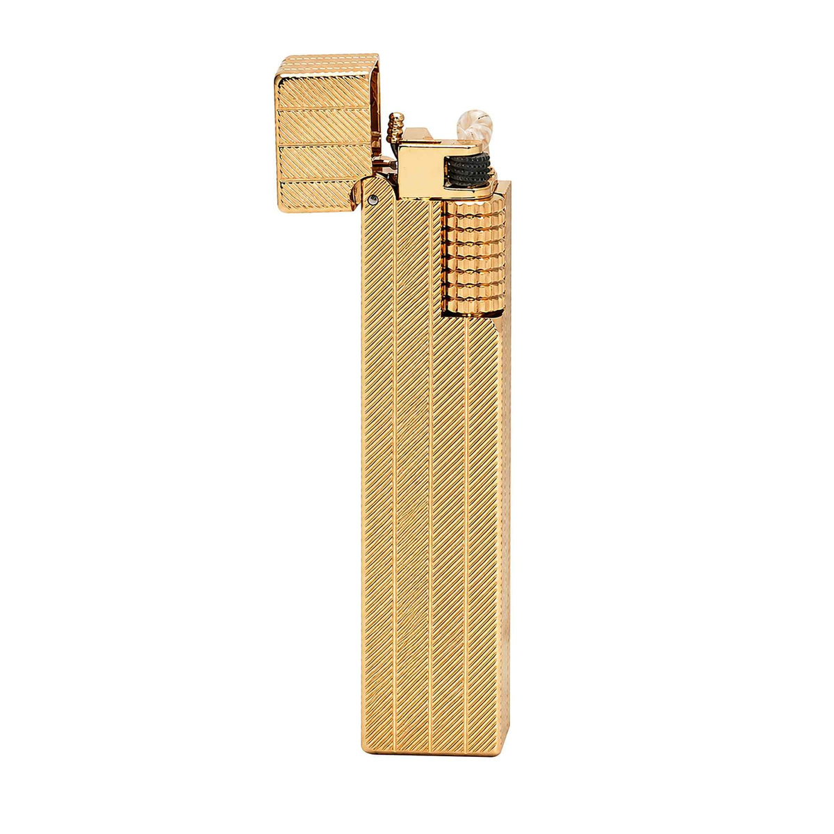 Thorens rectangular lighter with gold diagonal pattern shown open, highlighting wick, flint wheel, side ignition wheel, and precise metal structure.