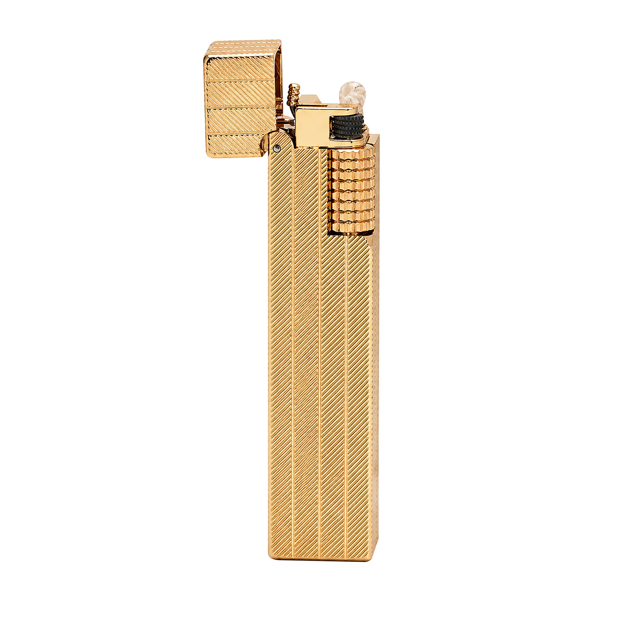 Thorens rectangular lighter with gold diagonal pattern shown open, highlighting wick, flint wheel, side ignition wheel, and precise metal structure.