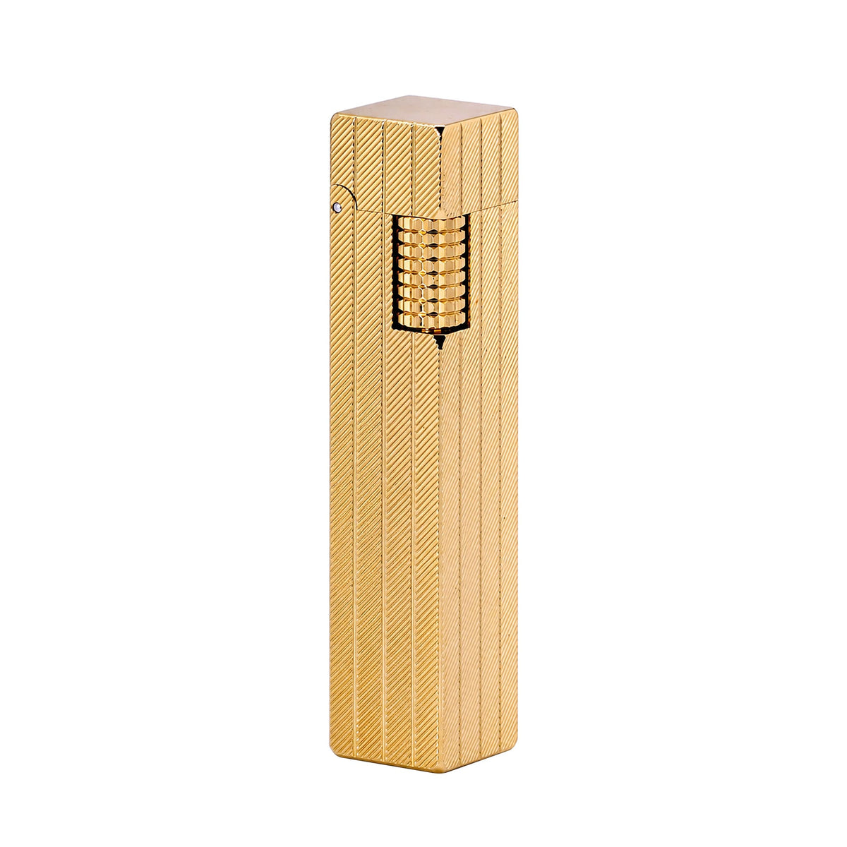 Thorens rectangular lighter with gold diagonal pattern shown with the lid down, highlighting the slim form, surface pattern, and side ignition wheel.