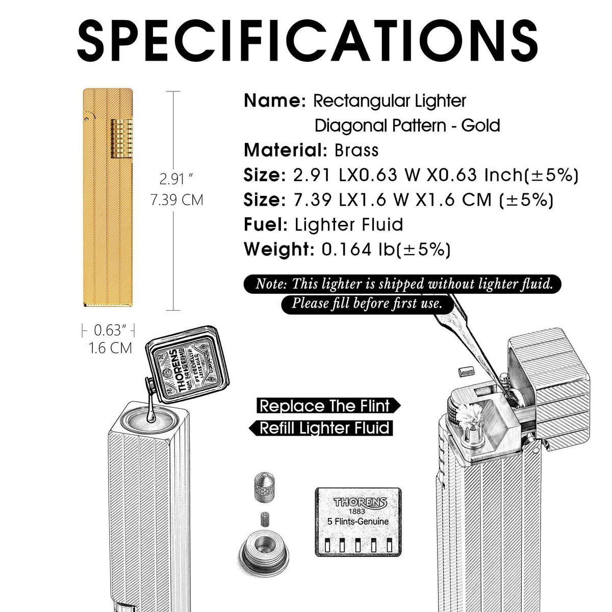 Thorens Rectangular Lighter Diagonal Pattern Gold specification guide showing dimensions, brass material, fluid refill method, and flint replacement steps.