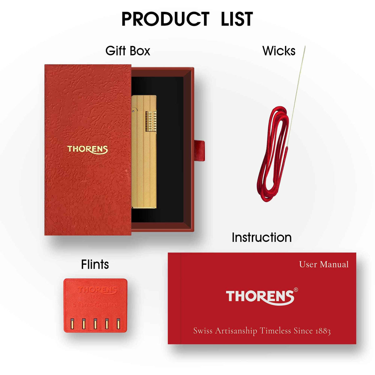 Thorens rectangular lighter with gold diagonal pattern presented in a red gift box with wick, flints, and instruction manual arranged beside it.
