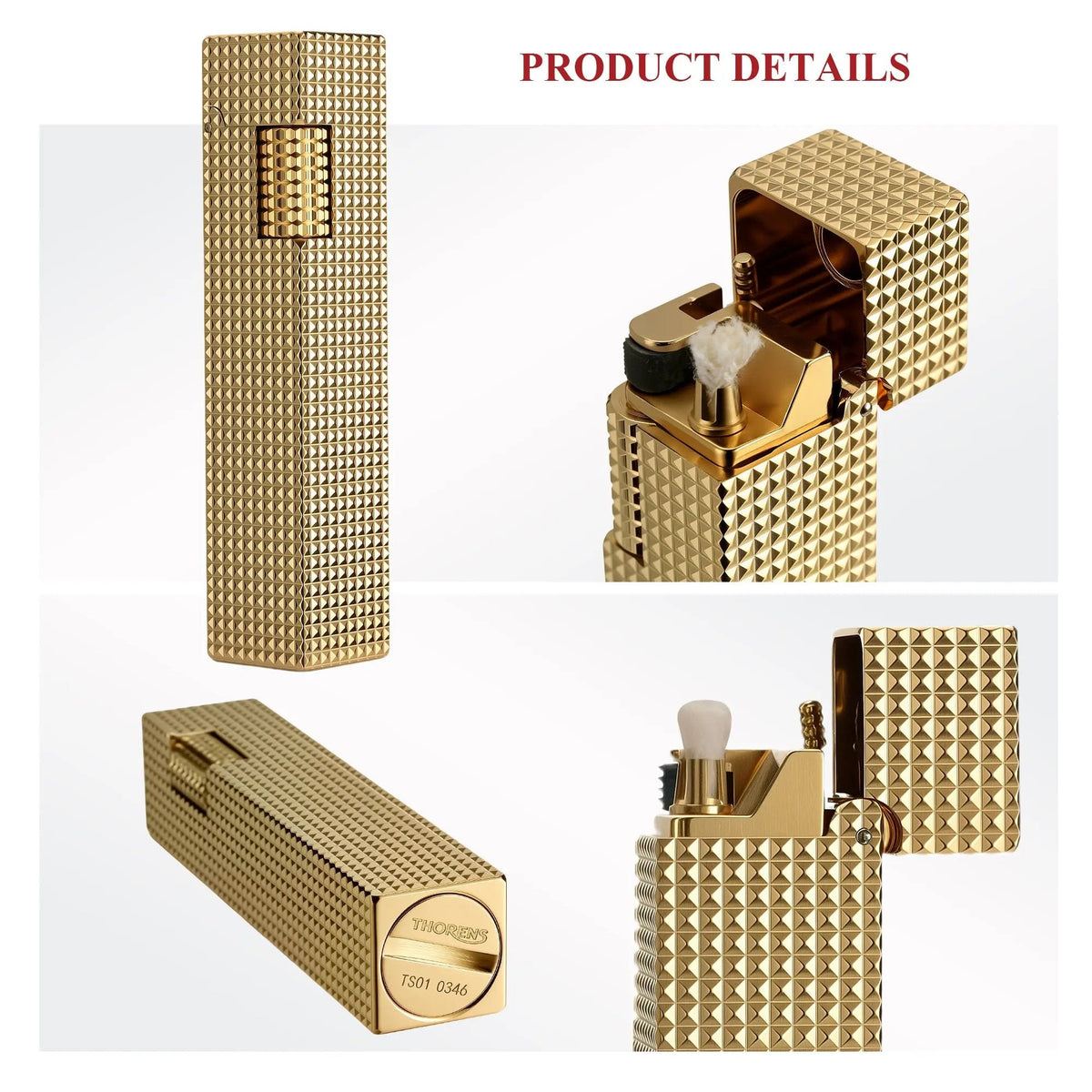 Product details collage of a gold small square textured Thorens side-slip rectangular lighter showing full body view, open ignition structure, and base engraving