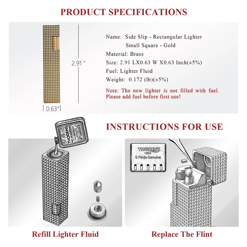 Product specifications and instructions for use graphic for a gold small square textured Thorens side-slip rectangular lighter, including size, brass material, lighter fluid refill, and flint replacement steps