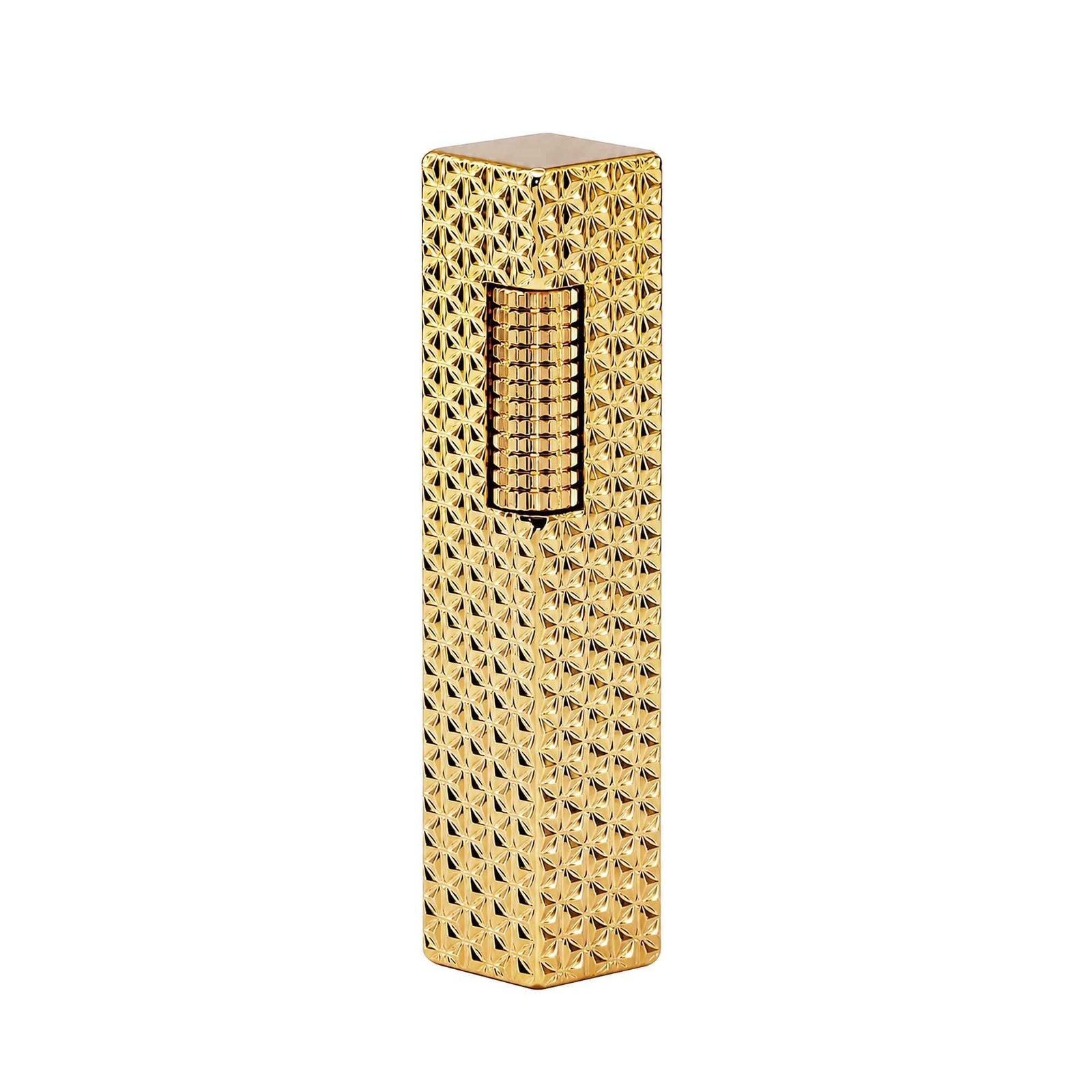 Thorens rectangular lighter with gold starburst pattern and extended roller shown closed, highlighting the engraved brass body and side-slide ignition wheel.