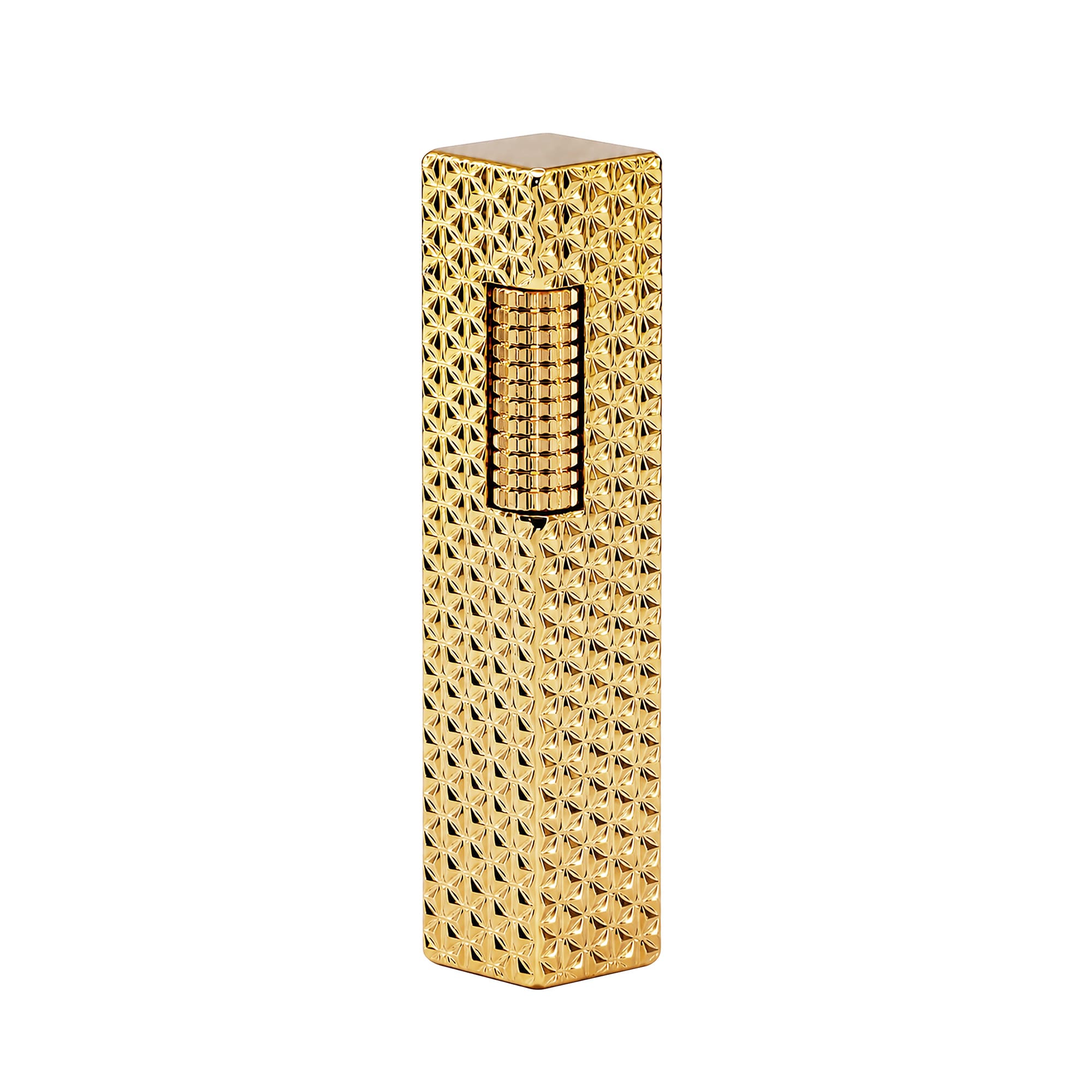Thorens rectangular lighter with gold starburst pattern and extended roller shown closed, highlighting the engraved brass body and side-slide ignition wheel.