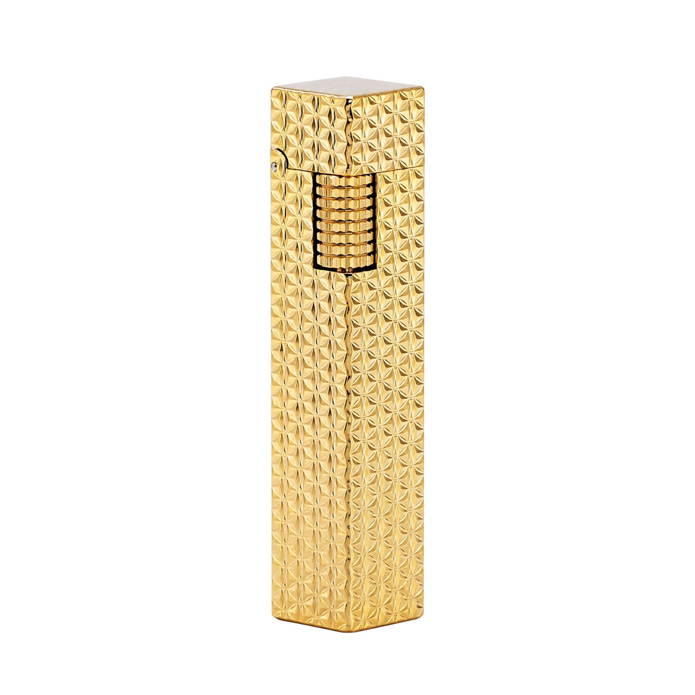Thorens rectangular lighter with gold starburst pattern shown with the lid down, highlighting the raised surface pattern and side ignition wheel.