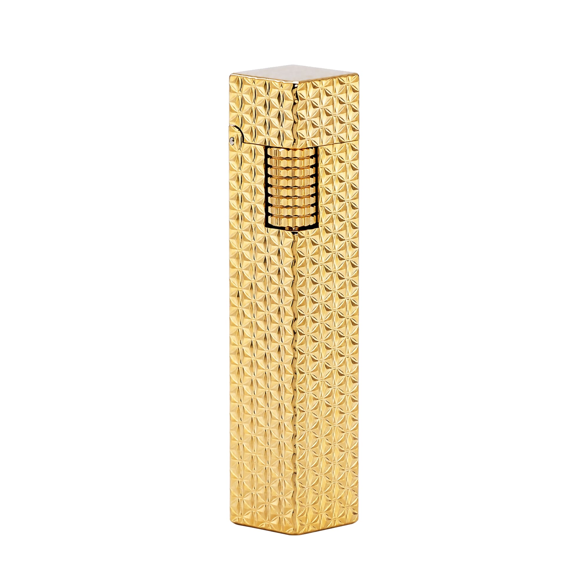 Thorens rectangular lighter with gold starburst pattern shown with the lid down, highlighting the raised surface pattern and side ignition wheel.