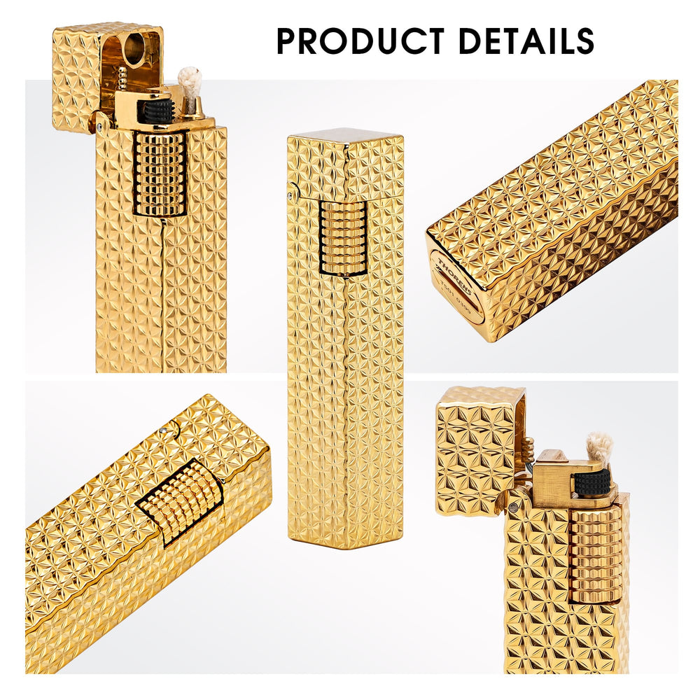 Thorens rectangular lighter with gold starburst pattern shown in detail views, highlighting raised surface pattern, open lid, ignition wheel, and base.