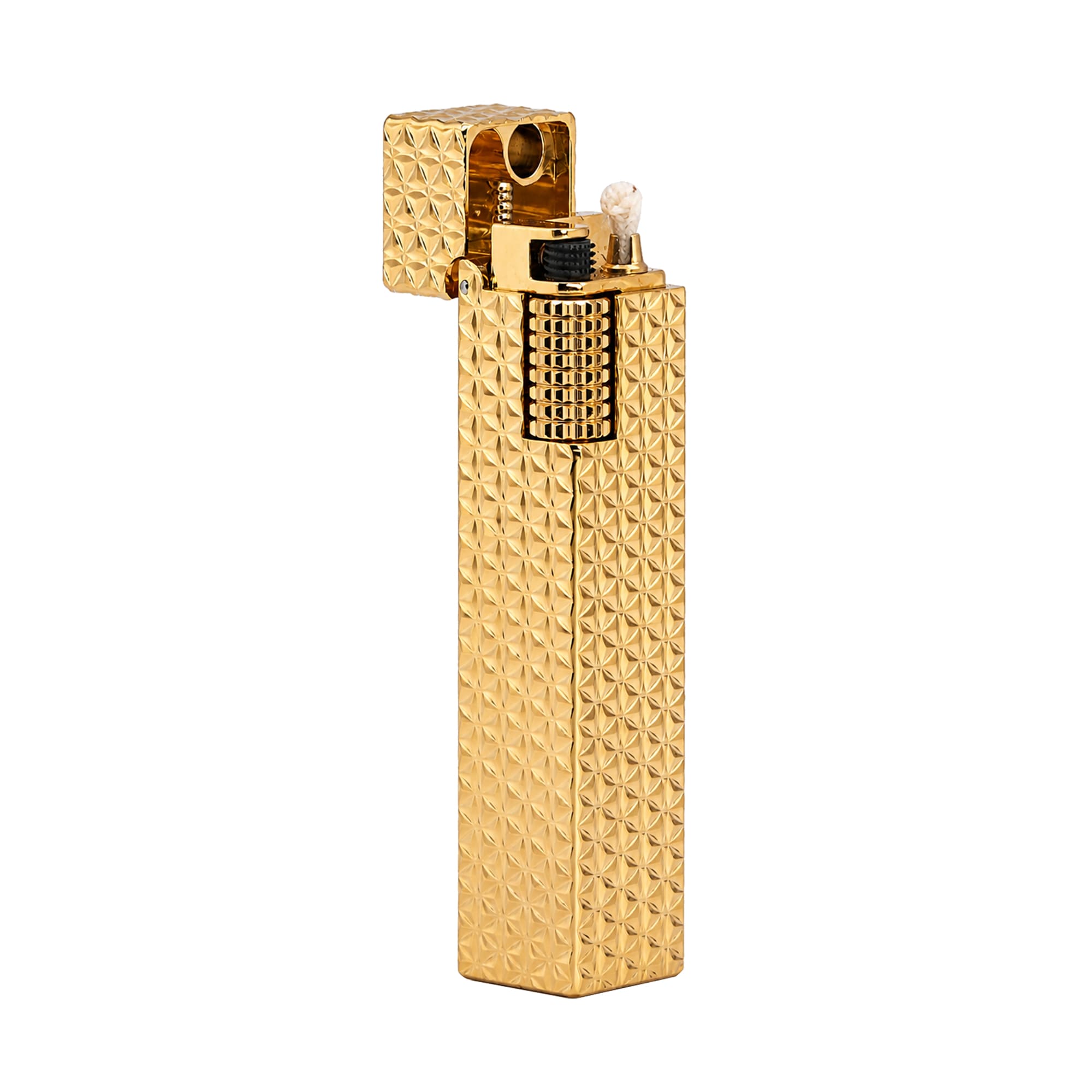 Thorens rectangular lighter with gold starburst pattern shown open, highlighting the wick, flint wheel, side ignition wheel, and raised surface pattern.