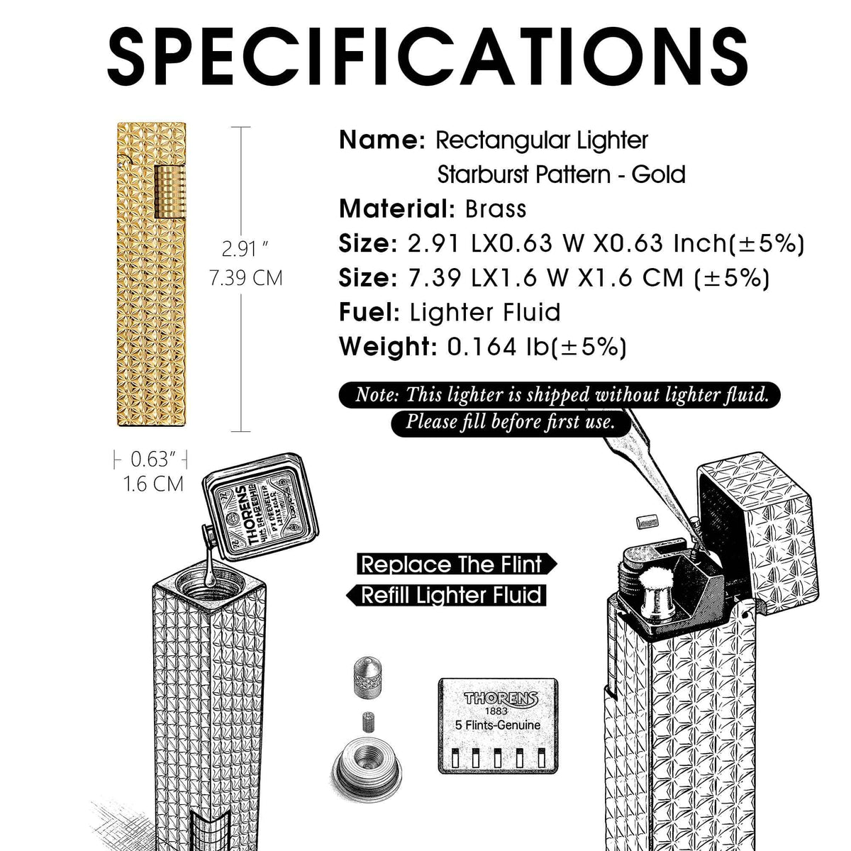 Thorens Rectangular Lighter Starburst Pattern Gold specification guide showing dimensions, brass material, fluid refill, and flint replacement diagrams.