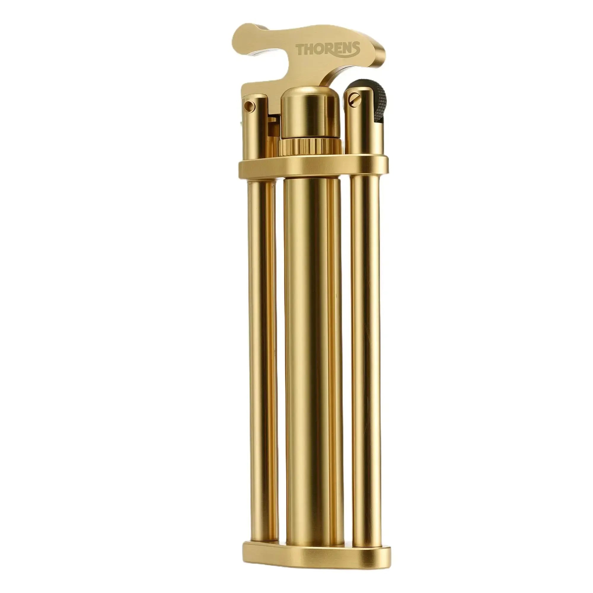 A vertical Thorens three-section stick lighter in a polished gold finish, featuring its characteristic claw-shaped cap and column structure.