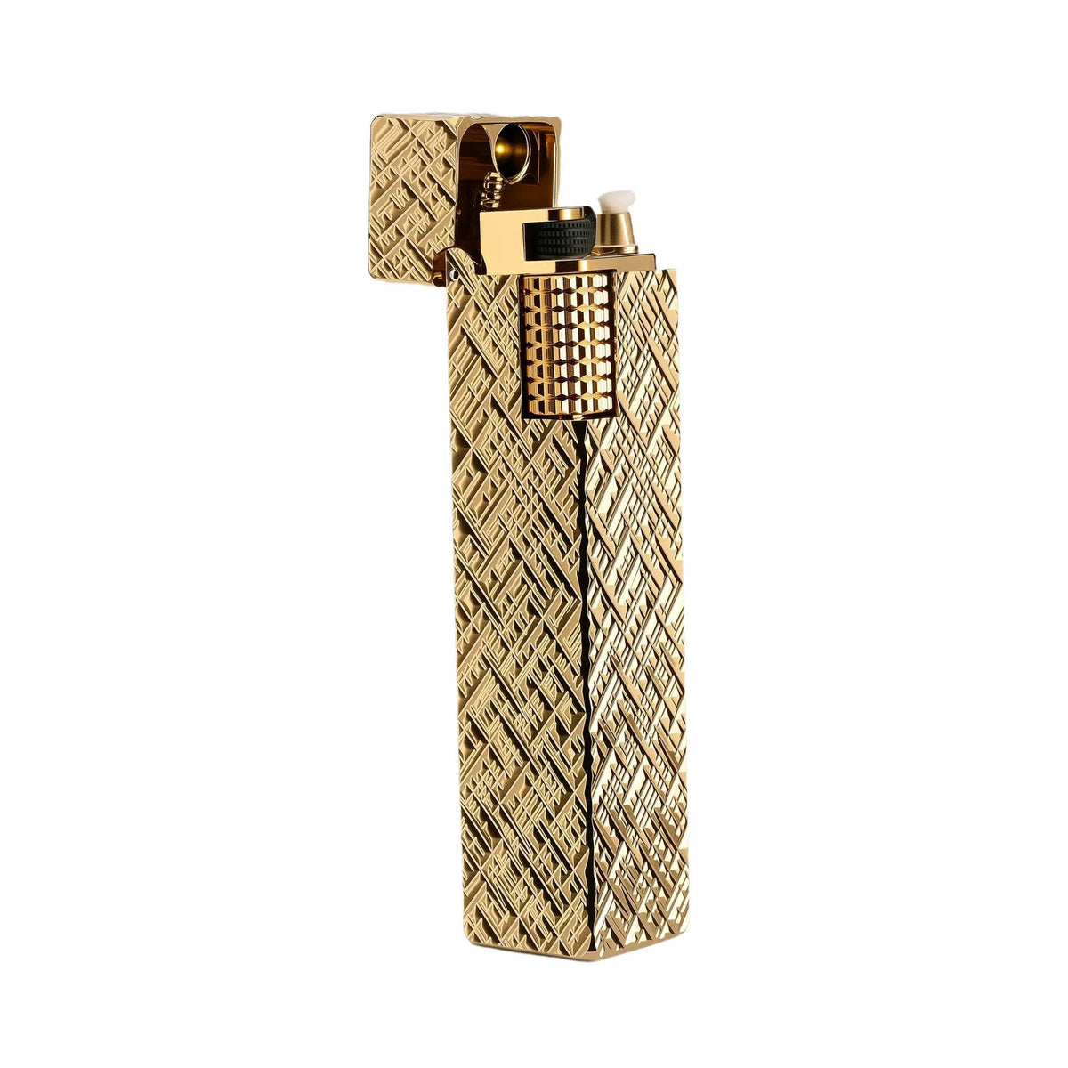Front view of an open gold carved rectangular Thorens side-slip lighter with visible flint wheel and wick against a light background