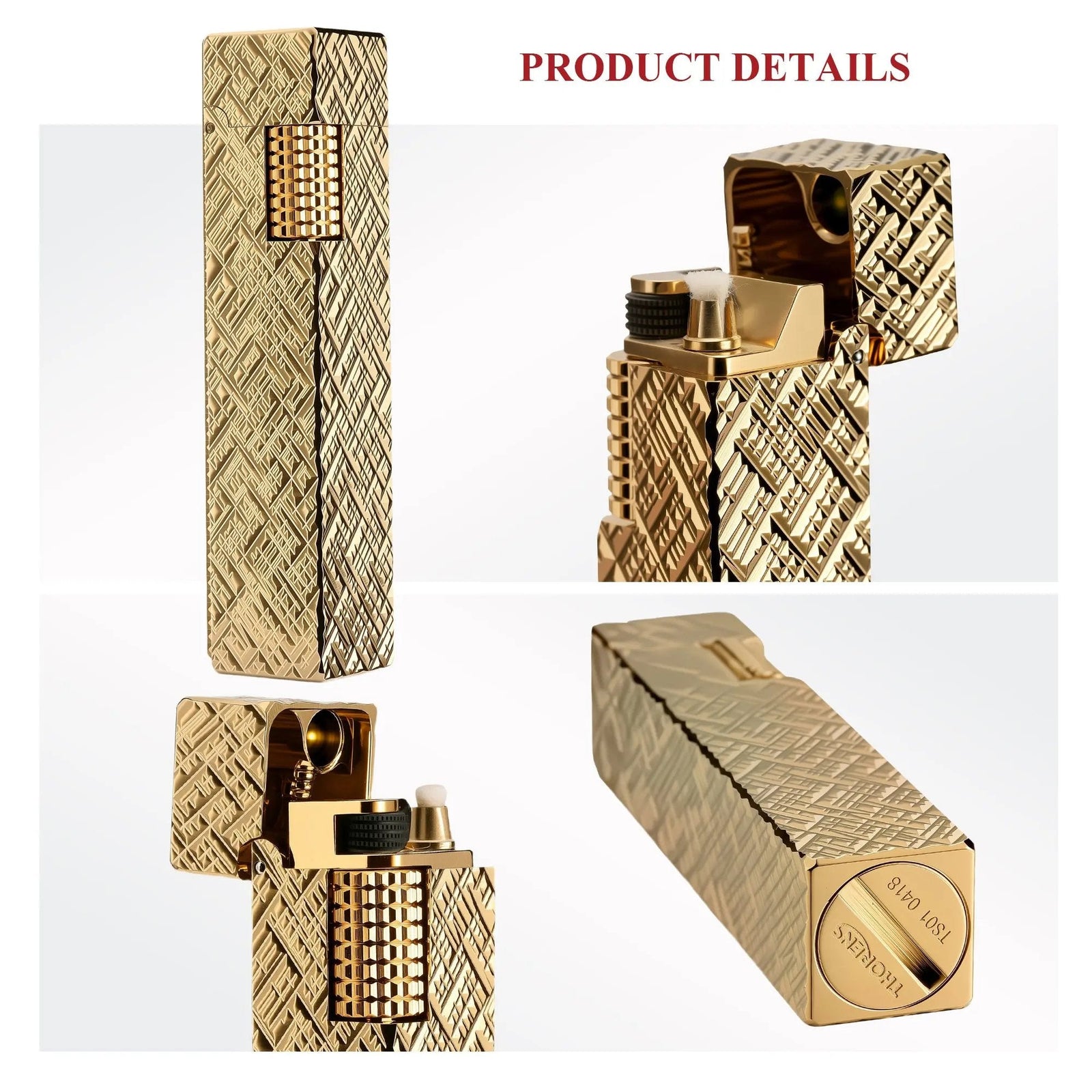 Product details collage of a gold carved rectangular Thorens side-slip lighter showing upright view, open ignition structure, and base engraving