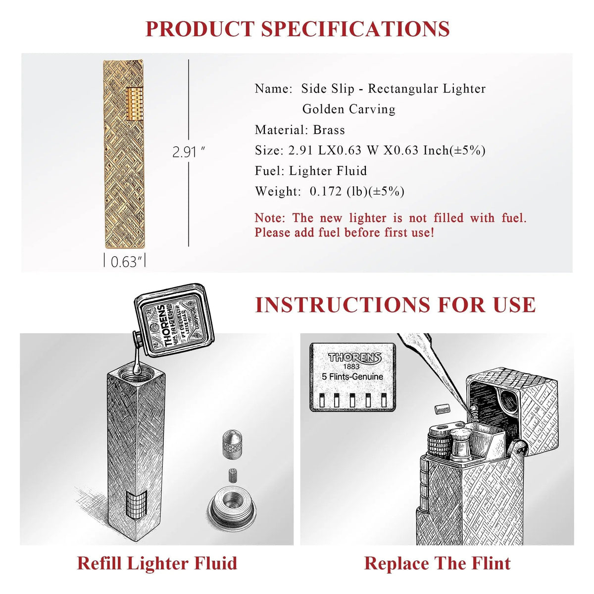 Product specifications and instructions for use graphic for a gold carved rectangular Thorens side-slip lighter, including size, brass material, lighter fluid refill, and flint replacement steps