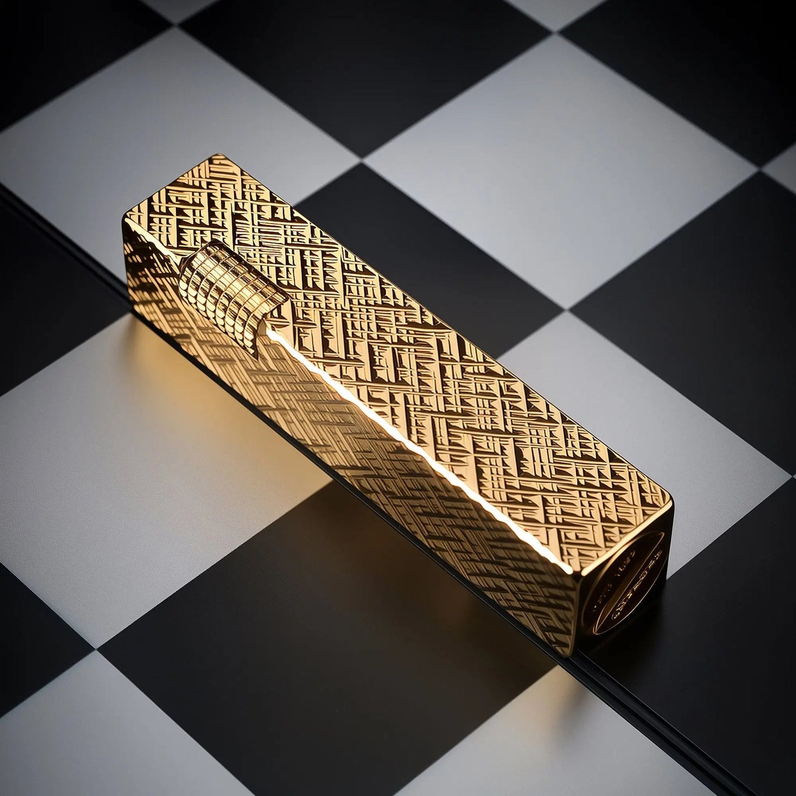 Close angled view of a gold carved rectangular Thorens side-slip lighter on a black and white checkerboard background