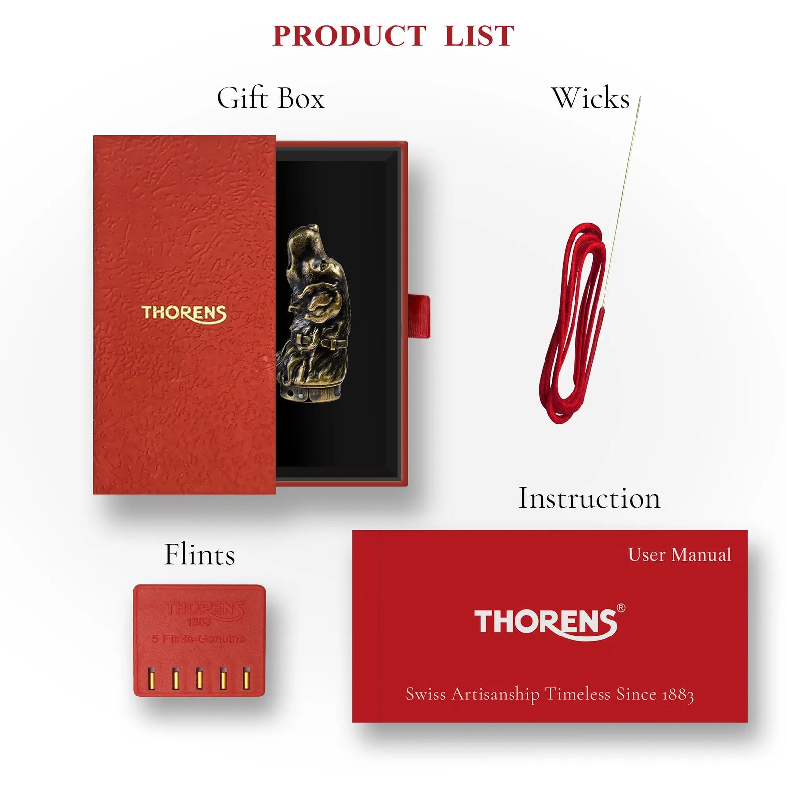 A Thorens Golden Retriever brass lighter set featuring a signature red gift box, replacement flints, extra wicks, and a user manual.