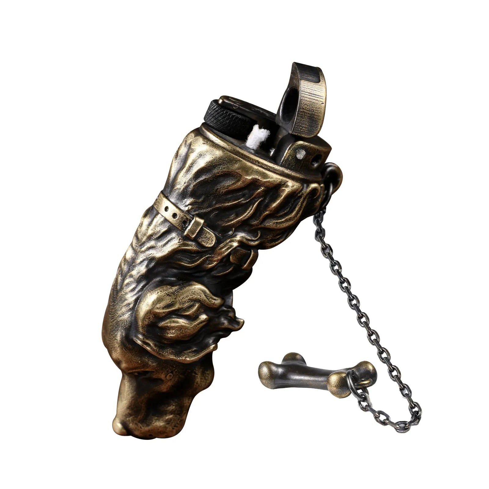 An open Thorens Golden Retriever lighter in antique brass, revealing the mechanical flint wheel and wick with a decorative bone charm on a chain.