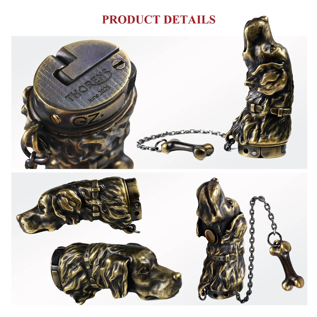 A multi-angle product display shows the Thorens Golden Retriever lighter in antique brass, featuring the brand engraving, sculpted dog head texture, and bone charm.