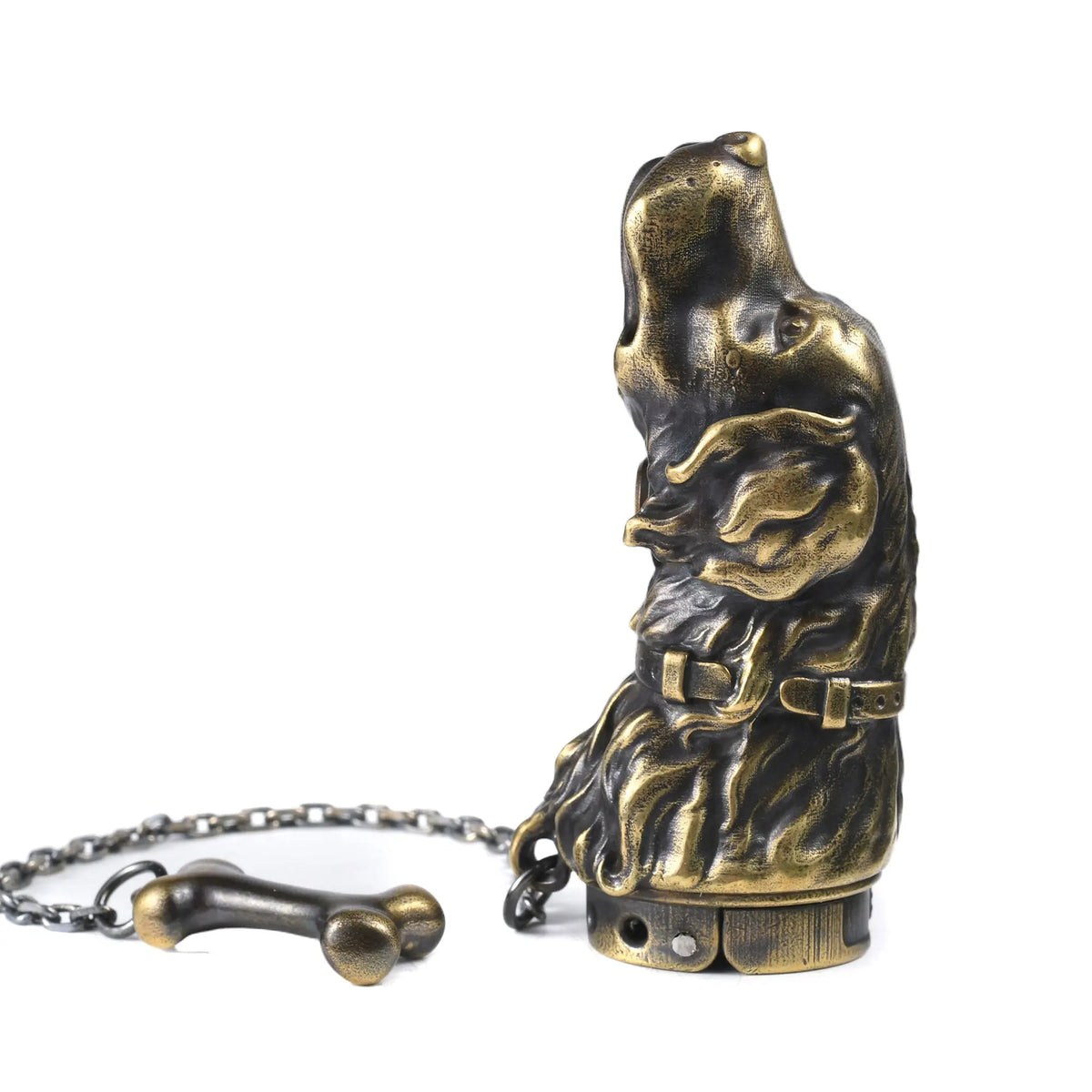 A 3D sculpted Golden Retriever lighter in antique brass finish, featuring a detailed fur texture, a collar with a metal chain, and a brass bone charm.