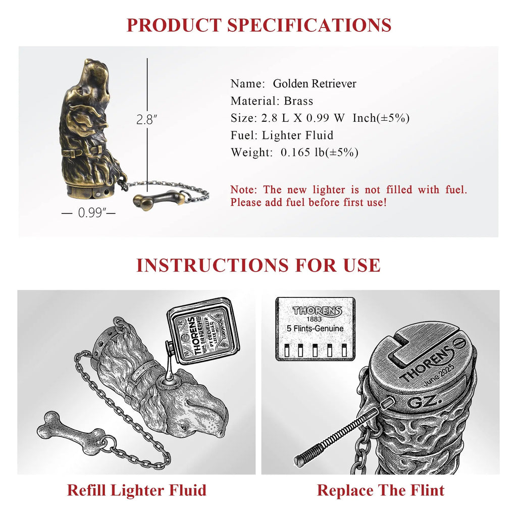 A technical guide for the Thorens Golden Retriever brass lighter, displaying product dimensions, weight, and illustrated steps for refilling fluid and replacing the flint.