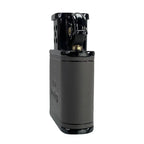 A close-up side view of a gray Thorens cowhide lighter, focusing on the textured mechanical flint wheel and the polished black wind guard.