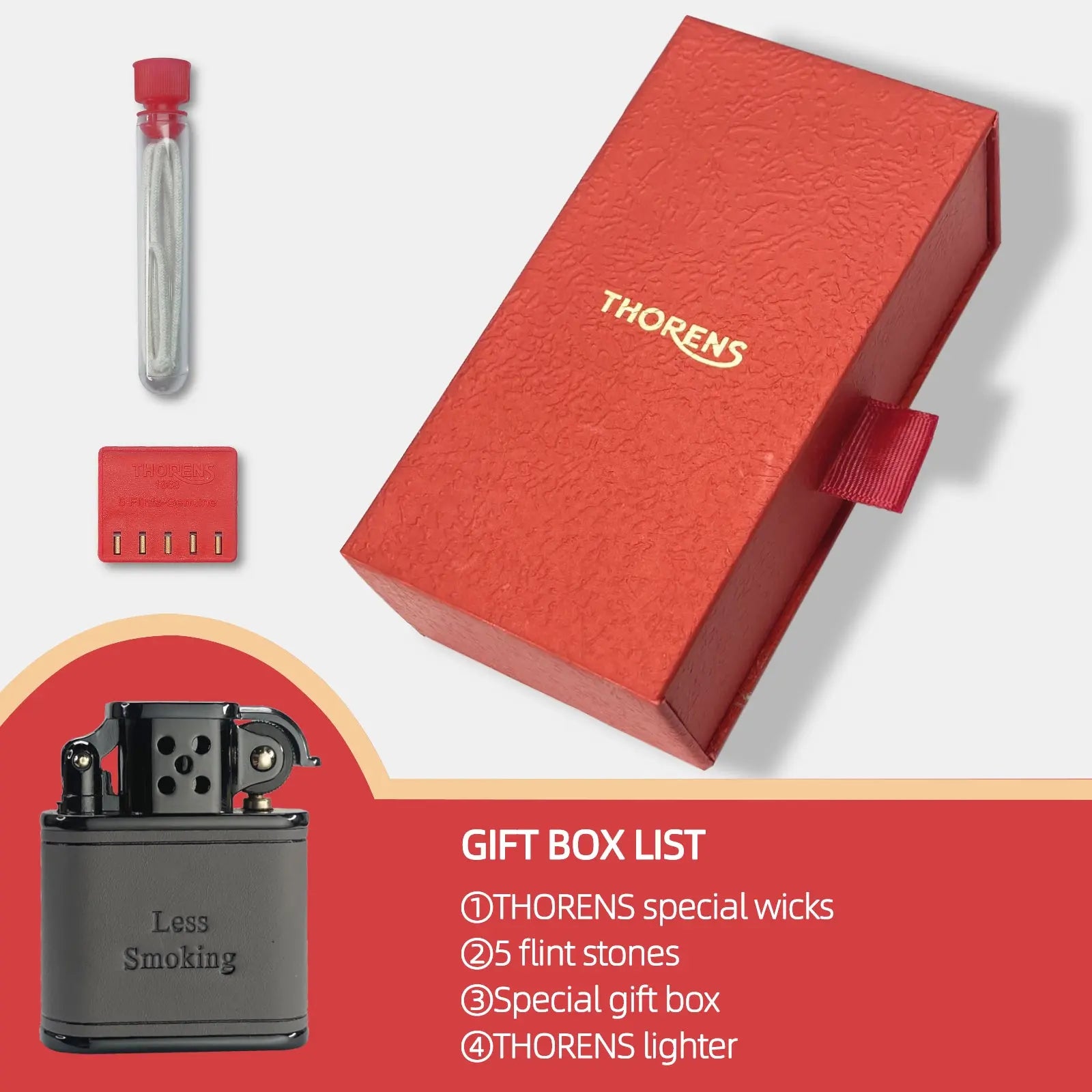 A gray leather-wrapped Thorens lighter shown with its red gift box, including spare wicks and five flint stones for maintenance.