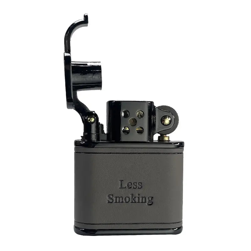 A Thorens gray handmade cowhide lighter with the cap flipped open, showing the black mechanical chimney and "Less Smoking" embossed leather.