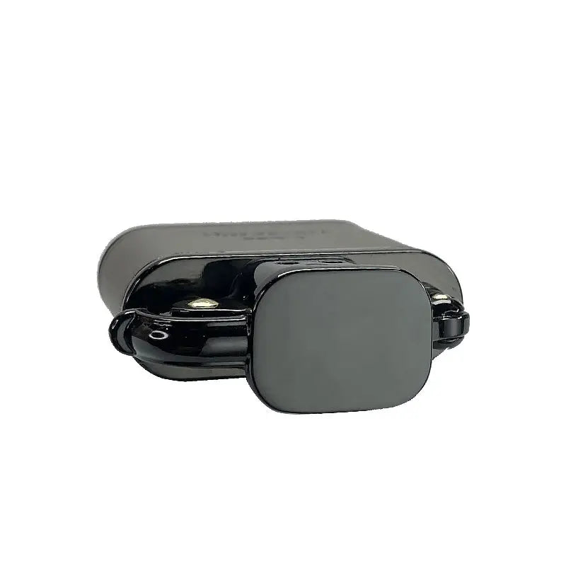 A top-down view of a closed Thorens handmade cowhide lighter in gray, showing the smooth black polished cap and mechanical hinge.