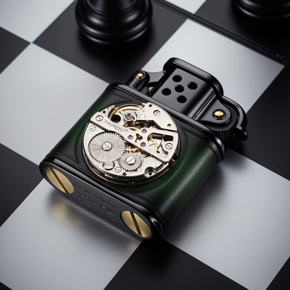 Thorens handmade cowhide lighter in green and black shown at an angle, featuring inlaid mechanical movement, black frame, and brass base screws.