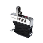 A studio shot of the Thorens Gun Lighter with its mechanical hood flipped open. The image features a clean white background, emphasizing the brushed silver finish and the contrasting black diamond-textured grip.