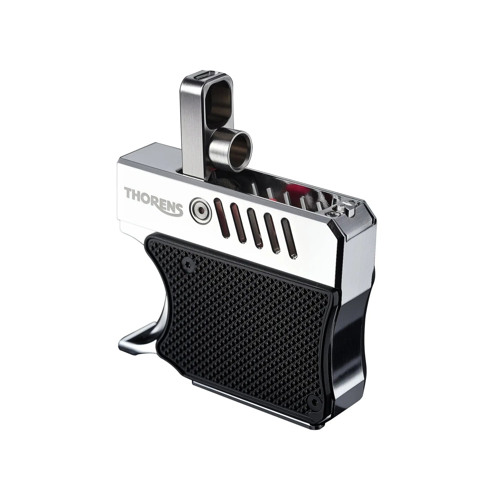 A studio shot of the Thorens Gun Lighter with its mechanical hood flipped open. The image features a clean white background, emphasizing the brushed silver finish and the contrasting black diamond-textured grip.