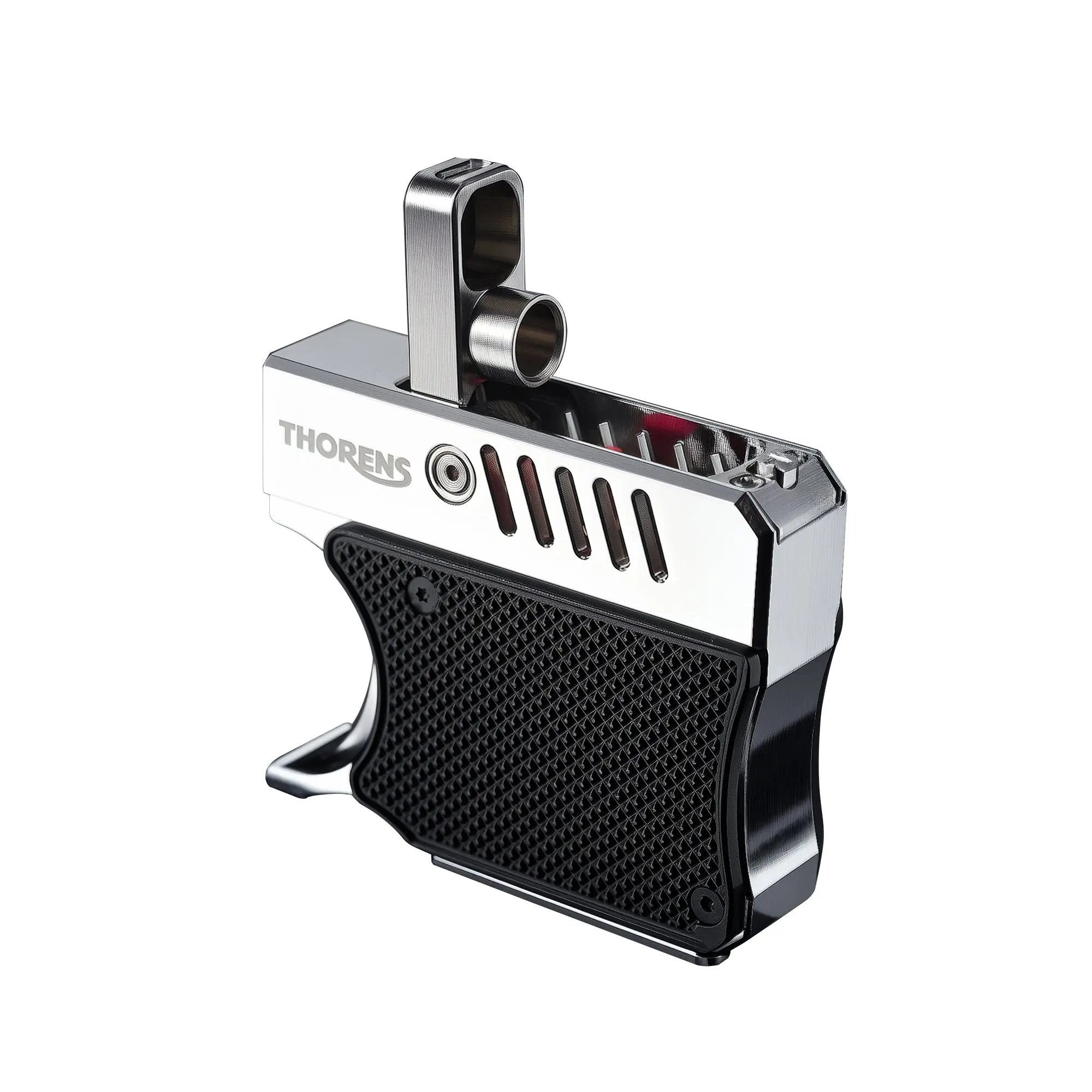 A studio shot of the Thorens Gun Lighter with its mechanical hood flipped open. The image features a clean white background, emphasizing the brushed silver finish and the contrasting black diamond-textured grip.