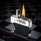A Thorens Gun Lighter in black and silver shown during ignition on a chessboard. The image captures the mechanical arm flipped up, a bright flint spark, and a steady flame emerging from the top.