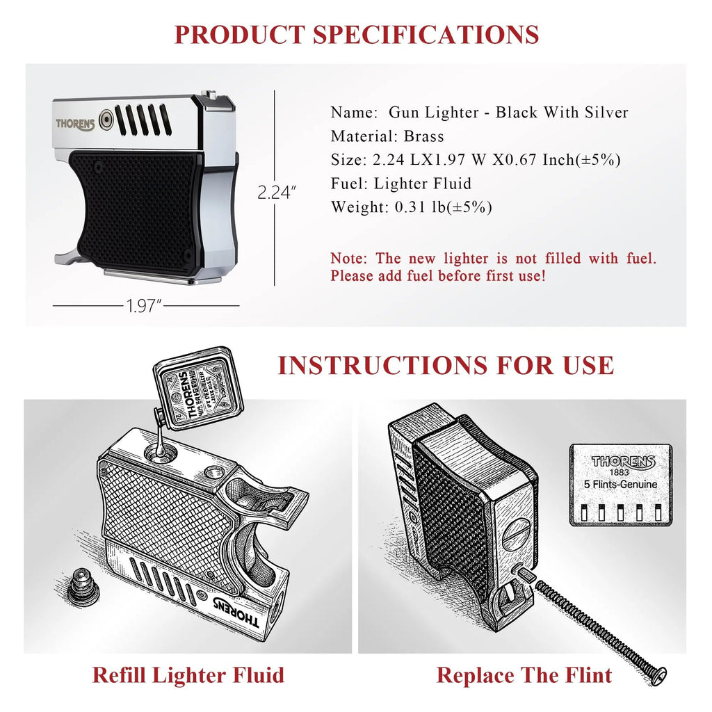 A technical data sheet for the Thorens Gun Lighter (Black with Silver), displaying dimensions of 2.24" x 1.97", brass construction, and illustrated steps for refilling fluid through the bottom port and replacing the flint spring.
