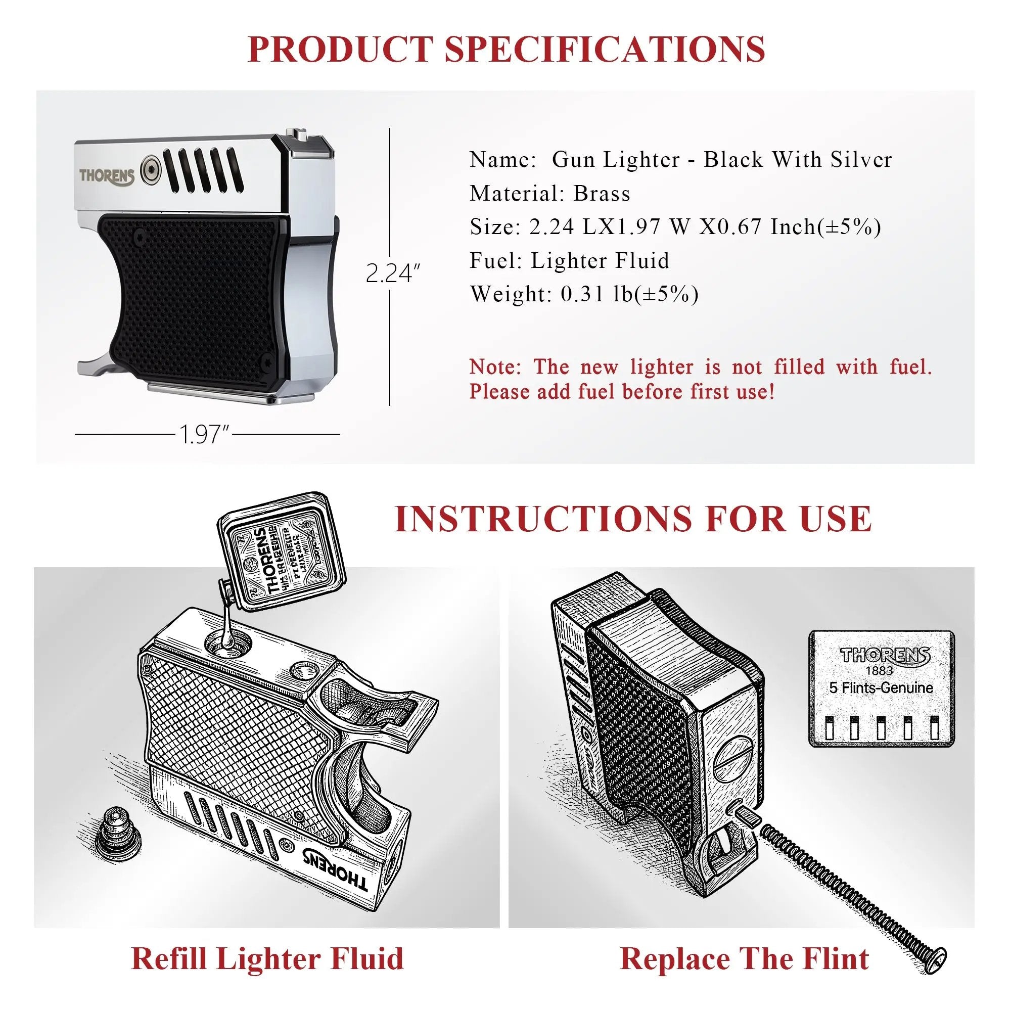 A technical data sheet for the Thorens Gun Lighter (Black with Silver), displaying dimensions of 2.24" x 1.97", brass construction, and illustrated steps for refilling fluid through the bottom port and replacing the flint spring.